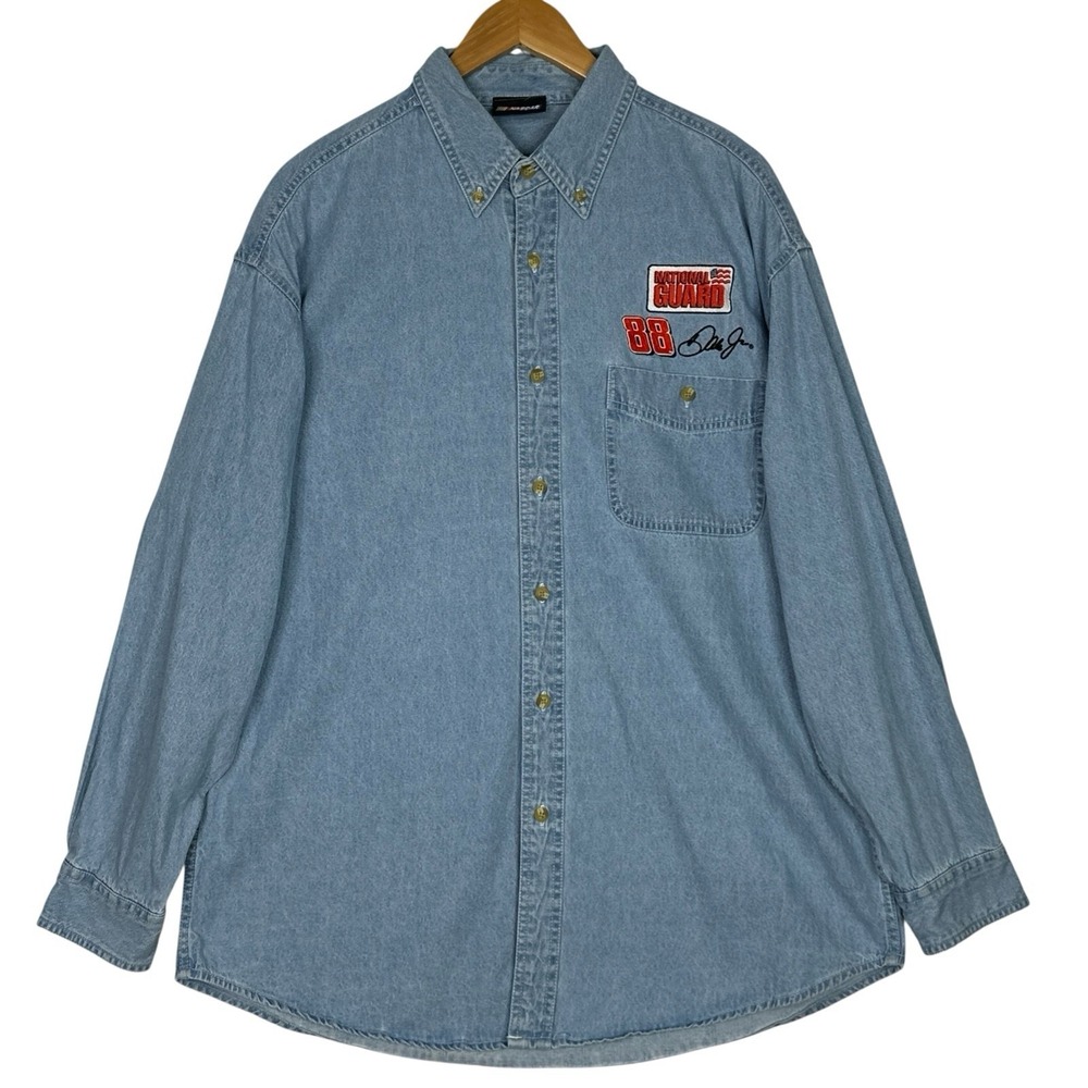 Dale Earnhardt Jr 88 NASCAR National Guard Denim Shirt Mens L Embroidered Racing